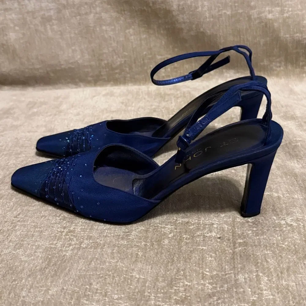 St. John Blue Italian Embellished Fabric Mesh Pointy Toe Slingbacks - Picture 5 of 14